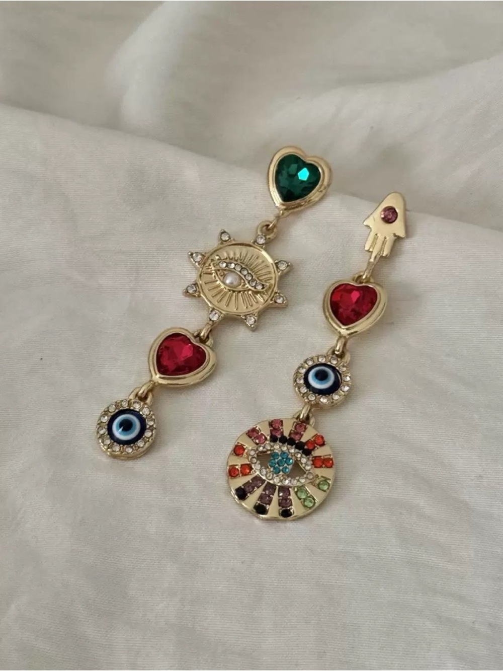 Anthropologie Gold-Tone Multicolor Heart & Evil Eye Asymmetric Drop Earrings